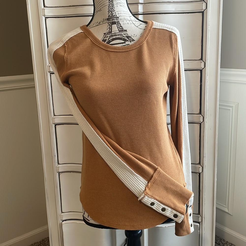 We the Free Free People Tasha Thermal Ochre Combo Waffle Knit Snap Cuff Top - Picture 3 of 12